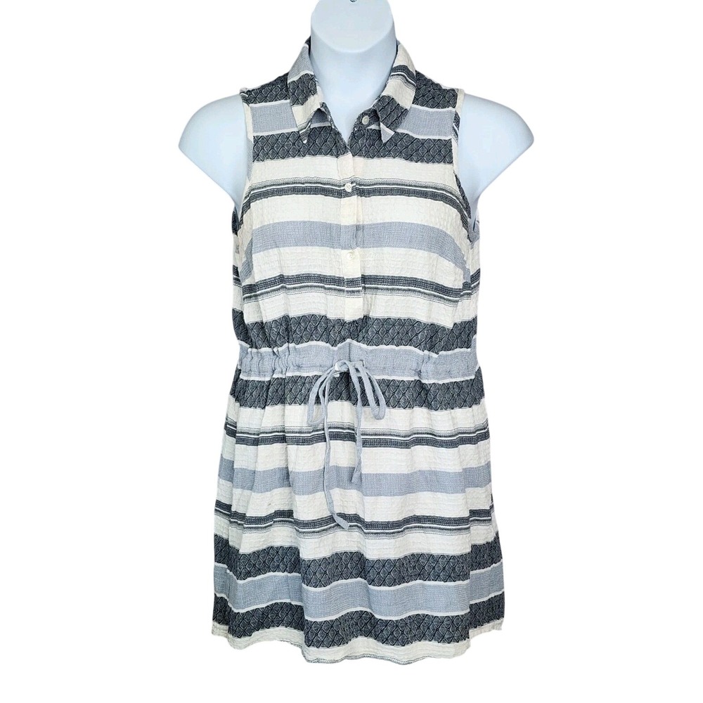 Mud Pie Shirt Dress Women L Blue White Striped Sleeveless Cotton Coastal Casual